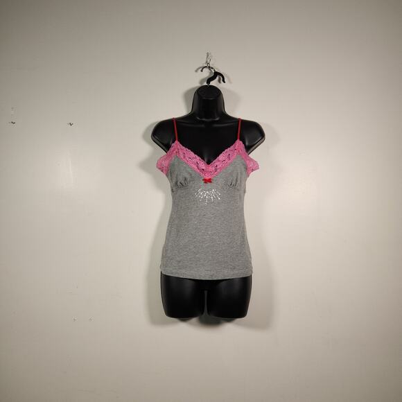 PINK by VICTORIA'S SECRET Camisole Top S Grey Pink Babydoll Lace Bow Bling Star - Picture 1 of 10